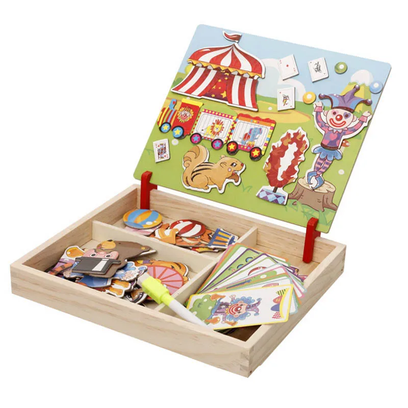 100+Pcs Wooden Magnetic Puzzle Toys Children 3D Puzzle Figure/Animals/ Vehicle /Circus Drawing Board Learning Wood Toys Gifts 4
