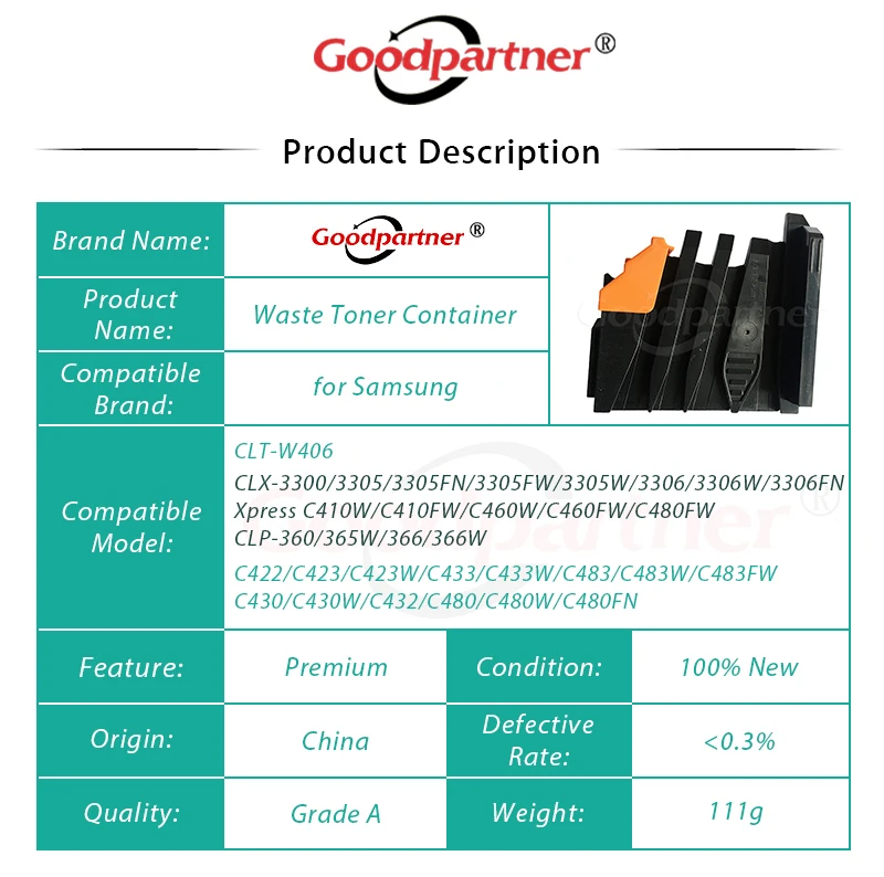 Recipiente de Resíduos de Toner para Samsung 365 Clx 3305 3300 Xpress sl C410w C430 C460 C480 C422 C423 1pc Jc96-06298a Clt-w406 Clp 360 2 Toner para Samsung CLP 360 365 CLX