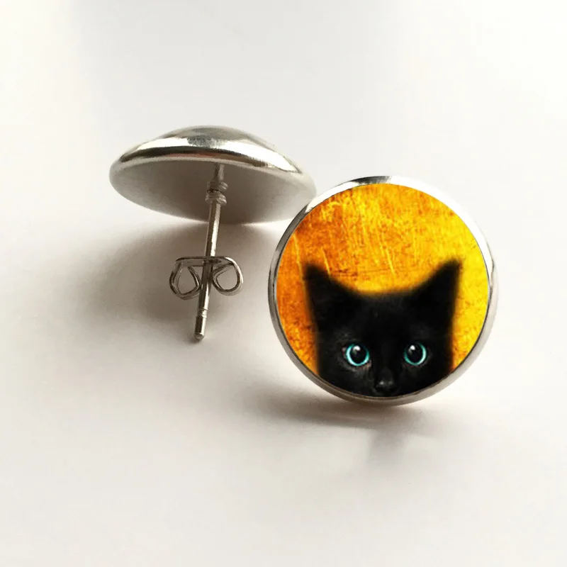 Black Cat Special wedding gift Cufflinks in silver metal with glass cabochon