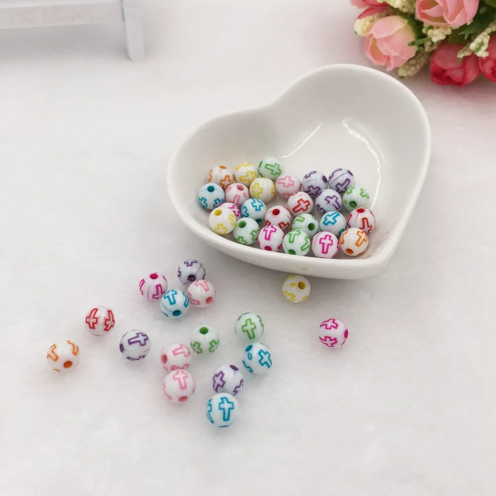 

Fashion 100pcs MIX Acrylic 8mm Cross Round Beads DIY Jewelry Creative DIY Material Stone Beads Bracelet Interval Bead X15A