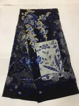

Navy colored sequined mesh fabric high quality hand-cut organza lace African sequined embroidery lace fabric ladies' party