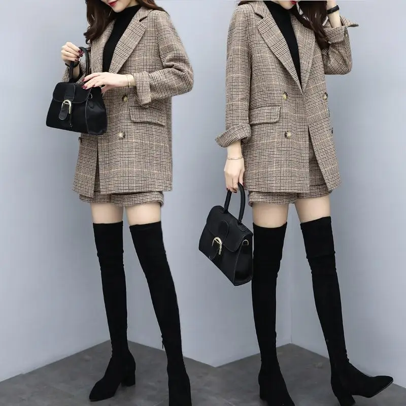 Женское пальто, женская утепленная куртка и короткие штаны, женская одежда, топ и шорты, Корейская стильная одежда, шерстяные комплекты с эластичной резинкой на талии