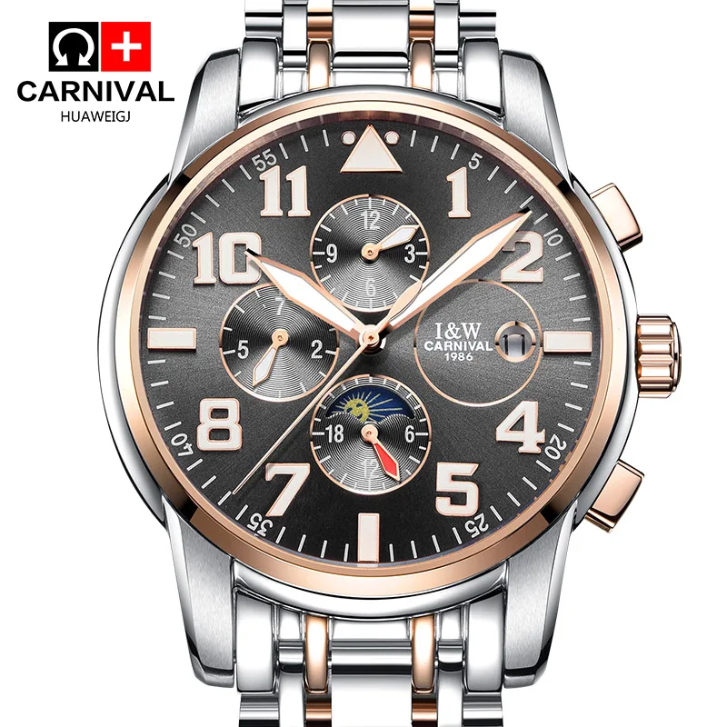 

Carnival Watch Men Moon Phaes Automatic Mechanical Luminous Stainless Steel Waterproof multifunction Black Watches