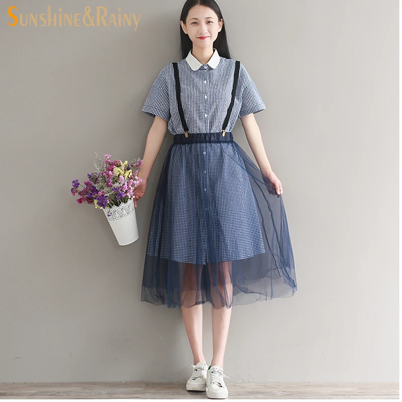 summer dress Korean female solid tutu dress women plaid shirts veil
