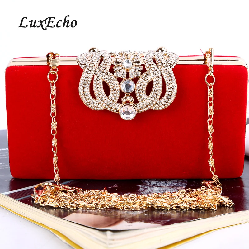 

LuxEcho FLOCK BUCKLE handbags single Chain Bride wedding purse Fashion party evening bags Day clutches Shoulder bags