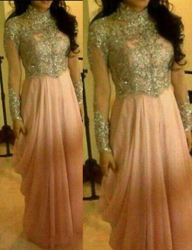 

Arabic Muslim Pink High Neck Chiffon Evening Dress A-Line Stunning Sequins Long Sleeve with Beading Evening Gowns 2015