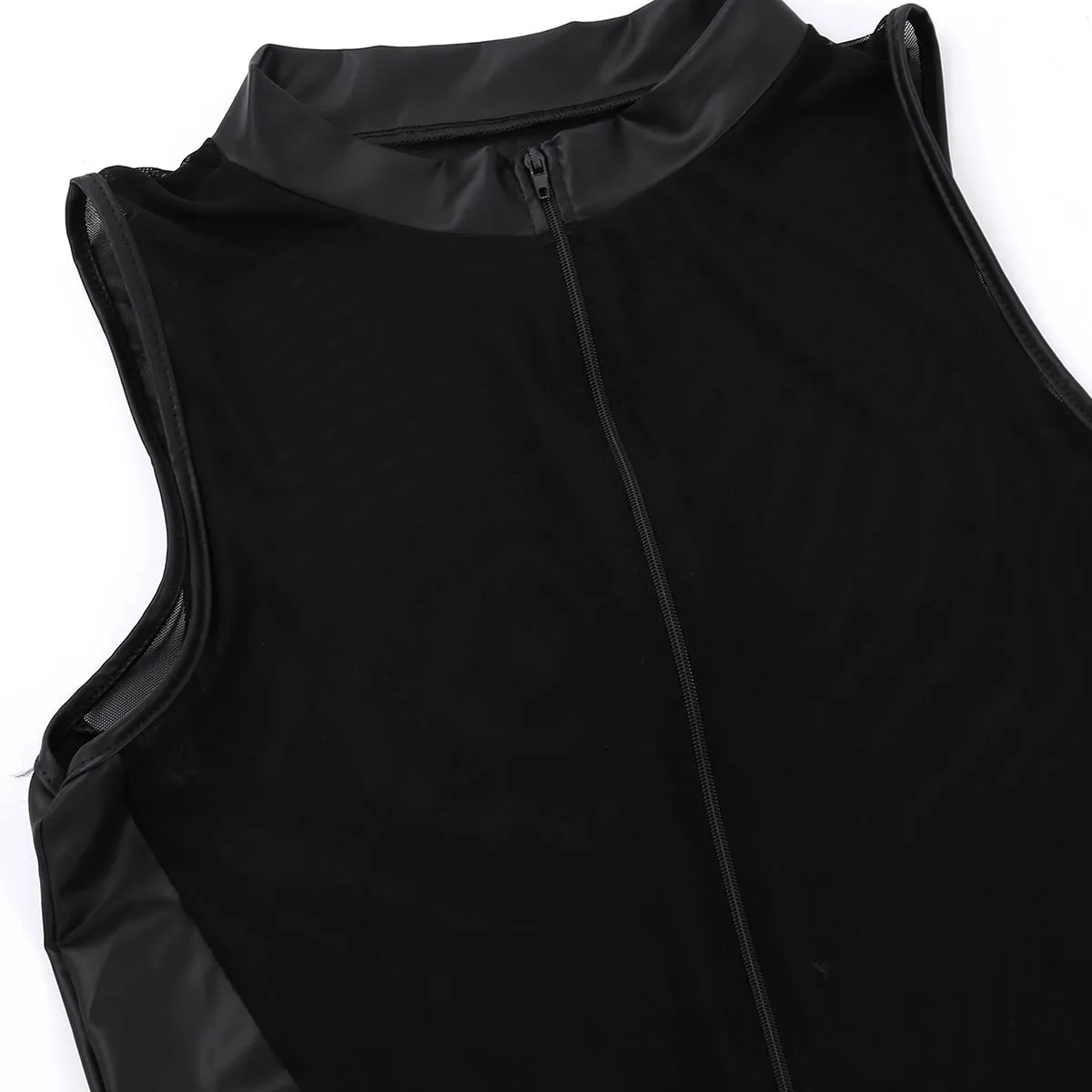 Tiaobug Adult Black Wetlook Patent Leather Sheer Mesh Splice Zipper Crotch Leotard Bodysuit Men Jumpsuit Zentai Club Costume -Zentai shop online