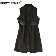 SHOWERSMILE Womens Long Vests Plus Size 3xl Black Waistcoat Female Tweed Leather Pocket Fashion Ladies Spring Sleeveless Jackets