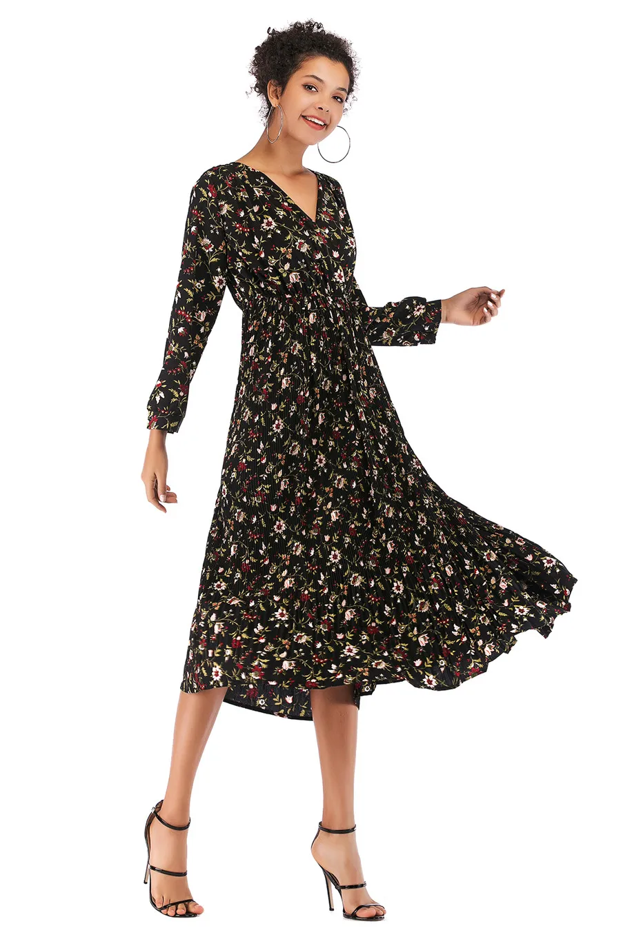 Gladiolus Hot 2018 Autumn Dress Women Long Sleeve V-Neck Sexy Floral Print Tunic Loose Midi Chiffon Dress Women Beach Sundress (22)