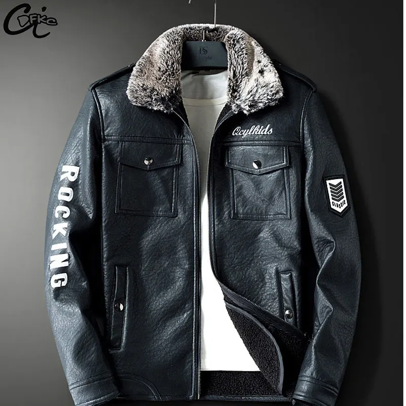 

new arrival 2018 men leather jacket with fur coat winter Motorcycle Leather Jacket thick fleece jacket with embroidery letters