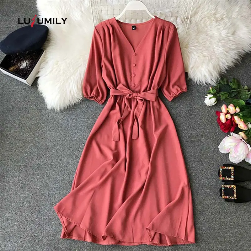 

Lusumily New Solid V-Neck Summer Midi Long Dress Vestidos De Festa Evening Party Bandage Sashes Casual Elegant Women Dresses