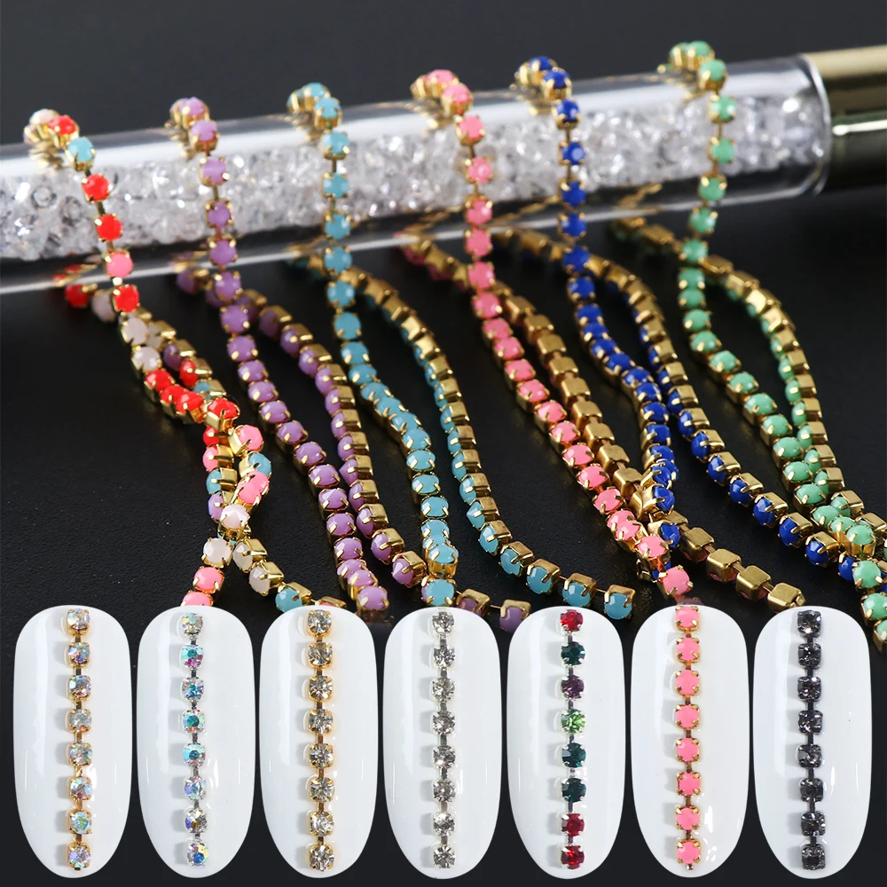 

6 pieces Nail Rhinstone Chains Nail Art Alloy Studs AB Crystal Decorations for Nails DIY Goldchain Jewelry Gems Manicure LA799