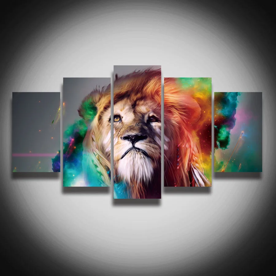 Novelty Framed Printed colourful lion animal canvas painting 5 panels abstract style wall art