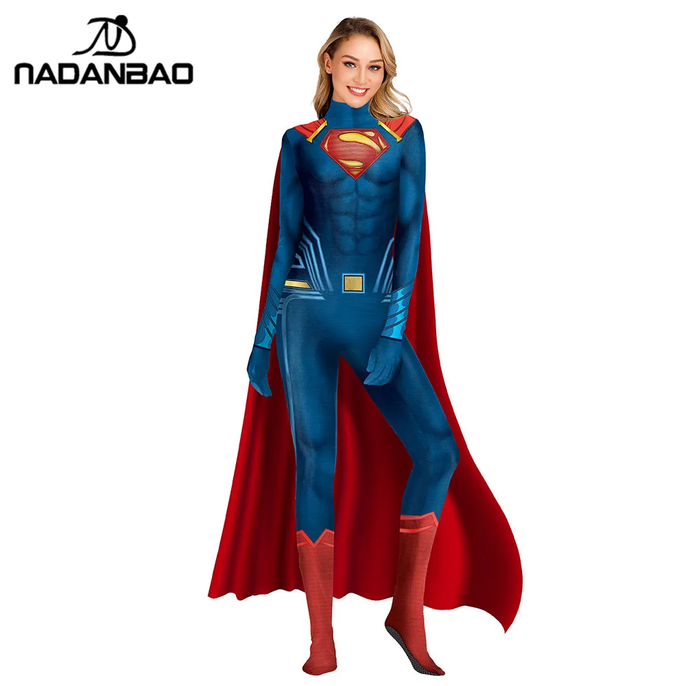 

NADANBAO Superman Cosplay Costumes For Girl 3D Print Fashion Jumpsuit Costume Women Back zipper Bodysuit
