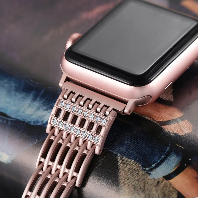 Rose Ggold имитация алмаза нержавеющая сталь металлический женский ремешок для часов для Apple watch 38 мм 42 мм 40 мм 44 мм серия 3 2 1