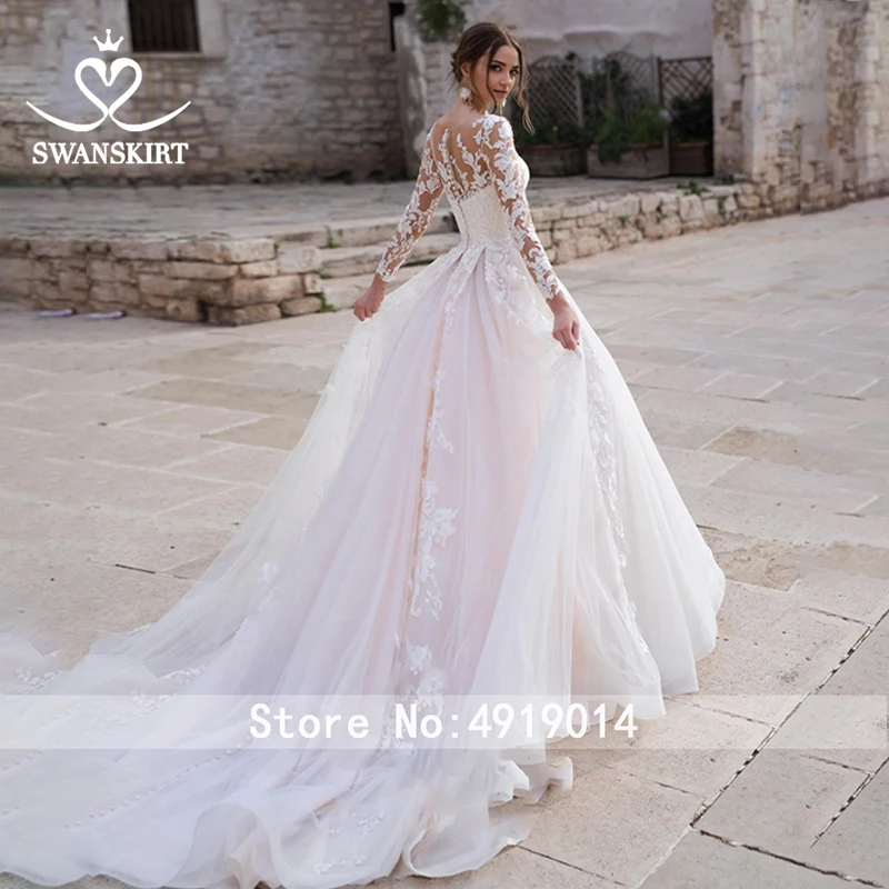 Swanskirt модное свадебное платье с аппликацией,, круглый вырез, длинный рукав, а-силуэт, шлейф, свадебное платье, Turkry Vestido De Noiva N108