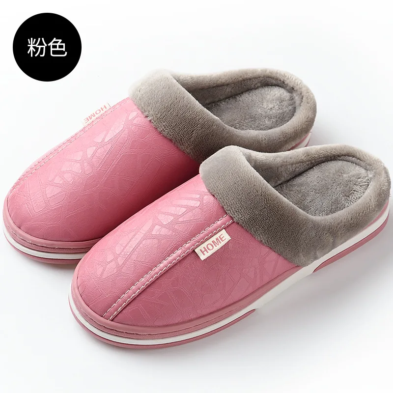 

2019 Women Winter Plush Slippers Non Slip Indoor For Slipper Leather House Shoes Waterproof Women Sewing Adult Warm Fur Shoes