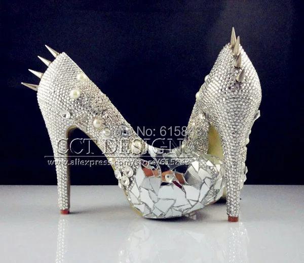 Sexy Ladies Glitter Silver Rhinestone And Mirror Platforms Wedding