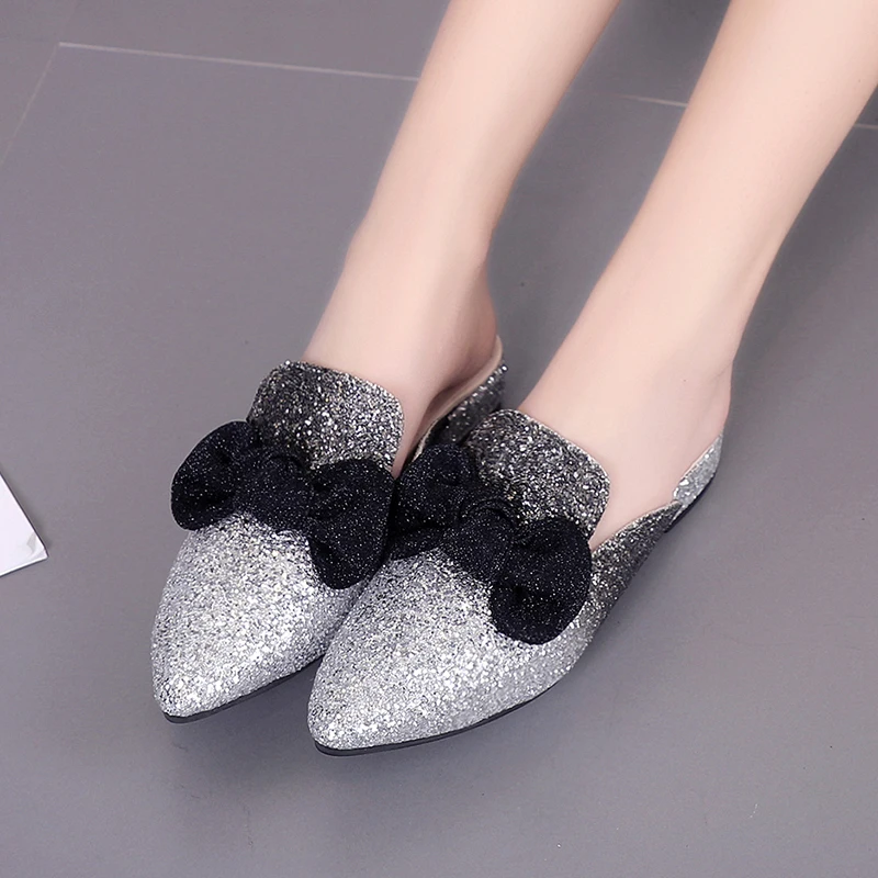 

SAILING LU Women Shoes Bling Butterfly-Knot Mules Summer 2019 New Low-Heeled Slingbacks Pointed Toe Female Sweet Slipper XWT1538