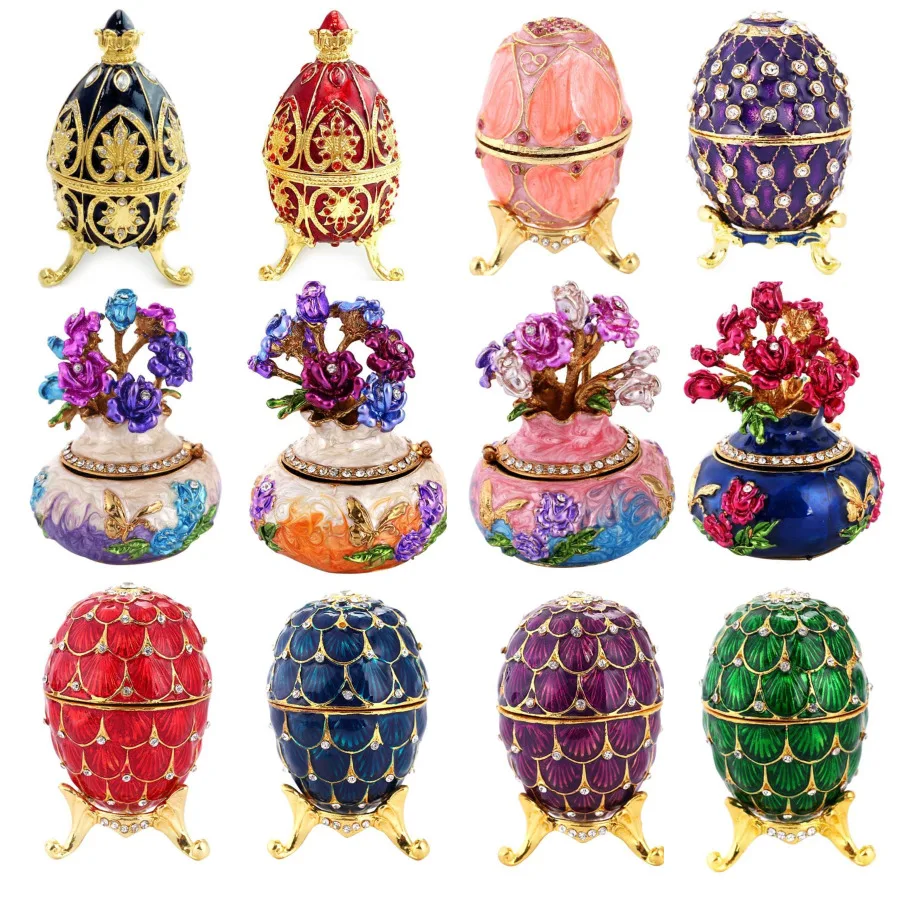 

Creative Russian faberge Egg Luxury Jewelry Easter egg Painted Box on Stand Set with Enamel and Crystals Figurine Trinket Gift