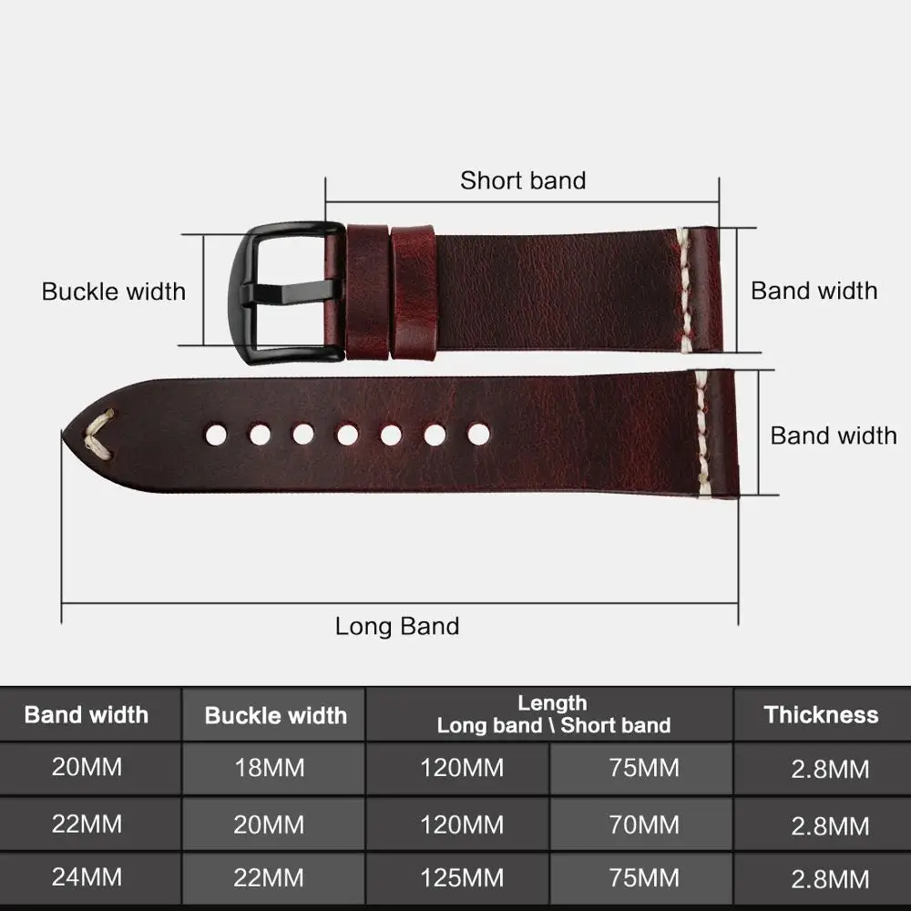 MAIKES Luxury Leather Watch Band with Steel Buckle - Retro Red Grain, 6 Color Options