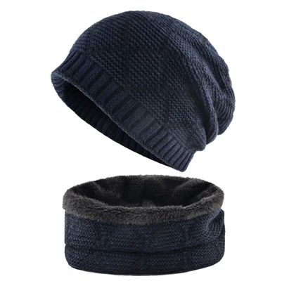 Шапка теплая мужская зимняя толстые вязаные клетчатые шапка и снуд шапка женская уличная двухслойная лыжная вязаная шапка бини шарф набор шапки унисекс - Цвет: Blue Set
