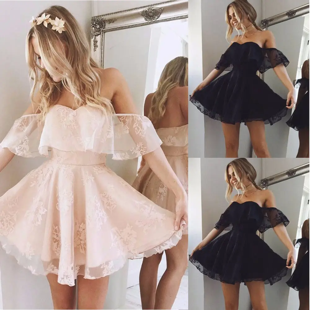 

New Women Formal Lace Dress Summer Prom Off Shoulder Party Wedding Gown Short Sleeve Short Mini Dresses Solid Black Pink