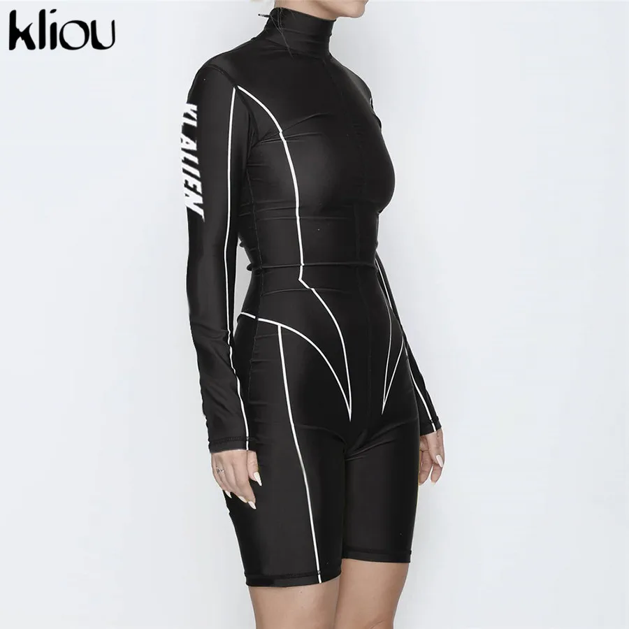 Kliou 2019 جديد المرأة الياقة المدورة كم كامل اللياقة البدنية playsuit الأبيض مخطط خليط إلكتروني طباعة رفع نحيل عارضة ارتداءها