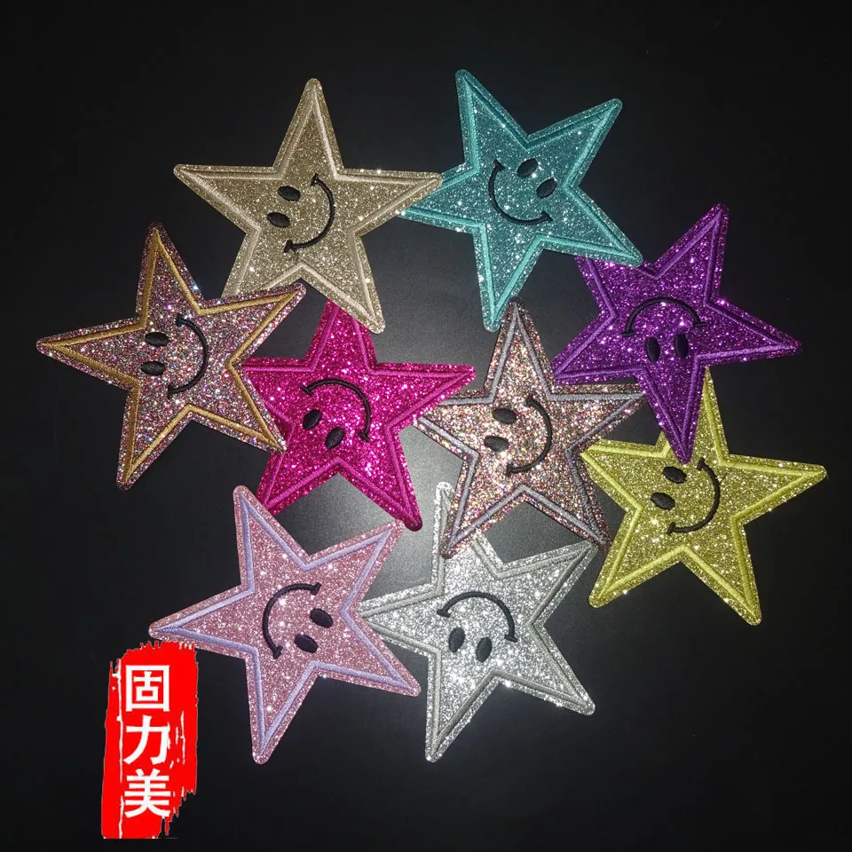 

9pc 5 star purple pink khaki gold blue smile face sequins iron on patch