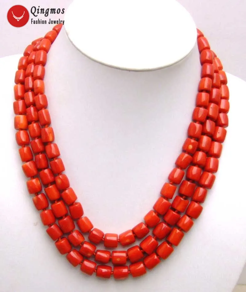 Qingmos натуральное красное Коралловое ожерелье для женщин с настоящим 10-12 мм толстым кусочком кораллового чокера ожерелье 3 нити 1" ювелирные изделия n5847