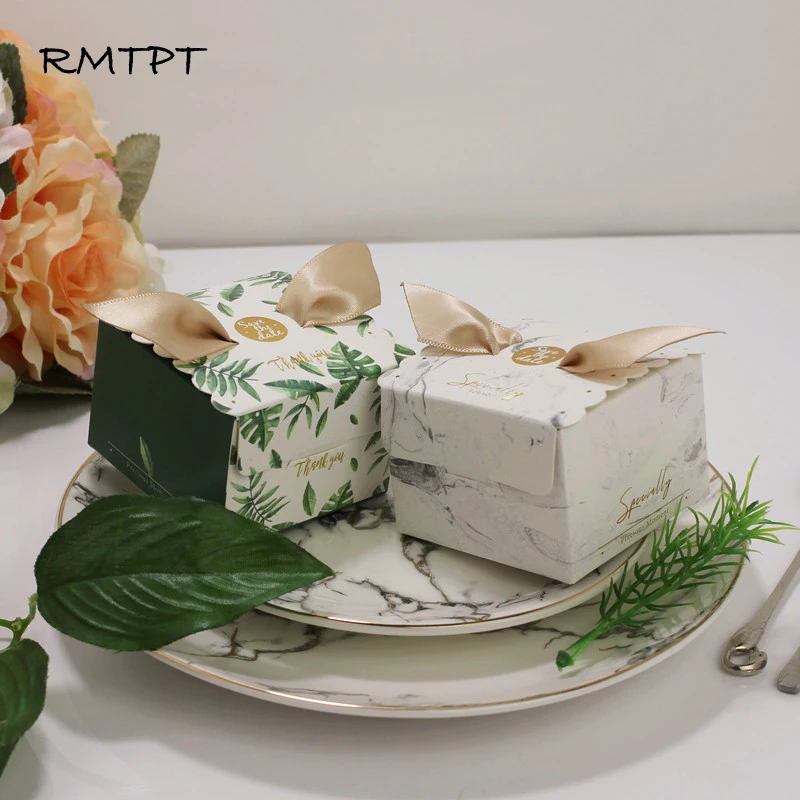 

RMTPT 50Pcs/lot Marble style gift box Square flower boxBaby Shower Birthday wedding Party Candy Box gift bags wrapping supplies
