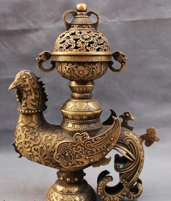 

JP S0606 15" Chinese Bronze Folk Peacock Fly Phoenix Statue Zun Inecese Burner Censer