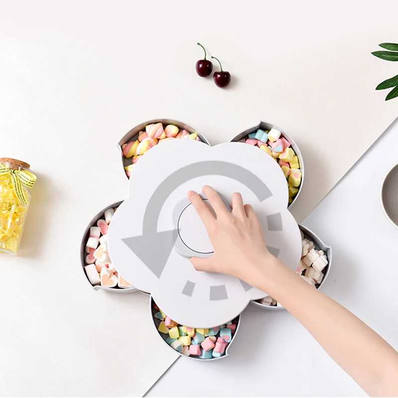 

Creative Rotating Plastic Storage Box For Candy Dried Fruit Case Container 5 Grids Petals Shape Seeds Nuts Case Organizer