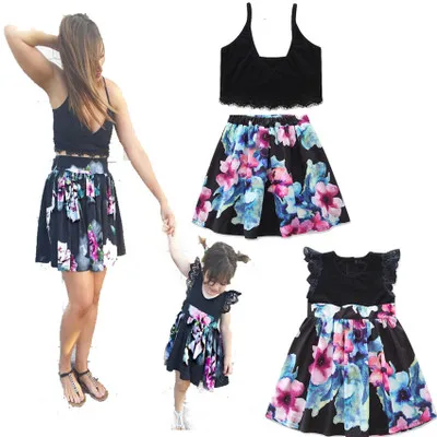 

Matching Family Clothing Knee-length Flower Printed Black Dress for Mother Daughter Cotton Princess Girl Dress New Kids Clothing