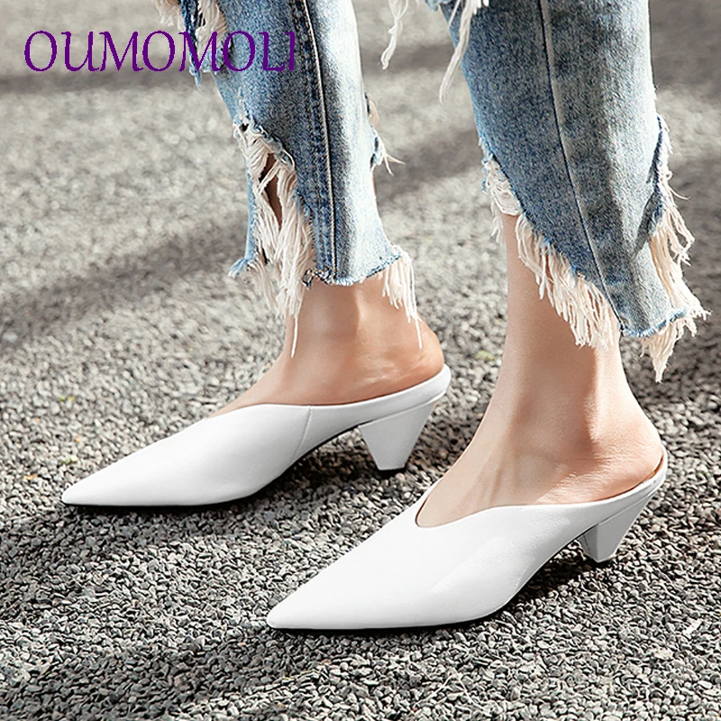 

2019 Brand Spring Shoes Slingback High Heels Mules Elegant Slip on Women Pumps First layer cowhide White black d848
