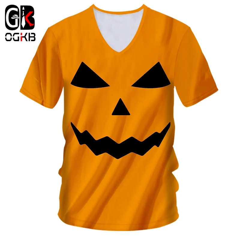 

OGKB Man New Halloween 3D Printed T Shirt Funny Human Face Pumpkin Pattern Men's Yellow Lovely V Neck Tshirt 6XL