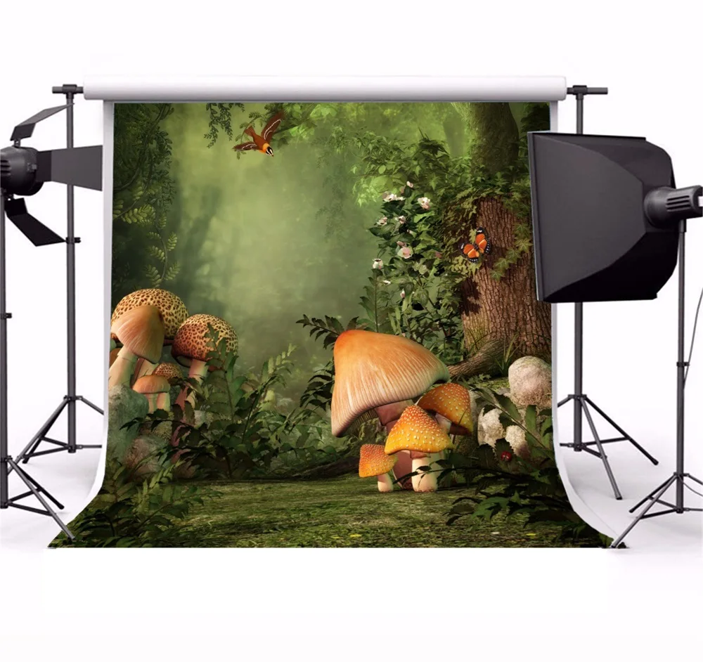 Laeacco Baby Forest Tree Butterfly Mushroom Grassland Photography Backgrounds Customized Photographic Backdrops For Photo Studio