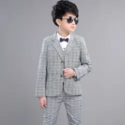 2018 Новый джентльмен Детские костюмы для мальчиков свадебные костюмы для торжественных случаев мальчик Клетчатый костюм + жилет + брюки 3 шт