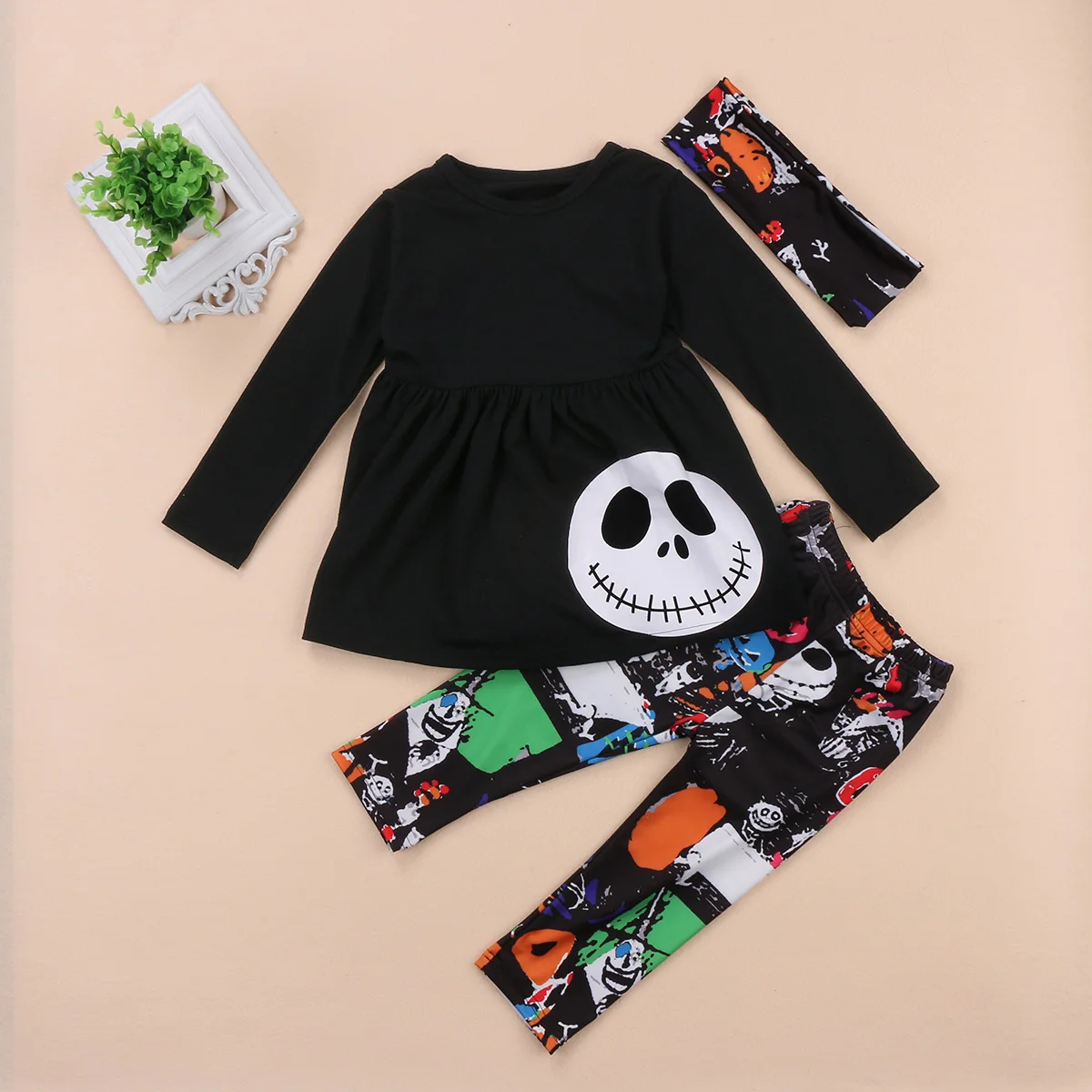 Повседневные детские комплекты одежды на Хэллоуин из 3 предметов, осенняя одежда для маленьких девочек футболка с длинными рукавами и рисунком черепа топы+ леггинсы
