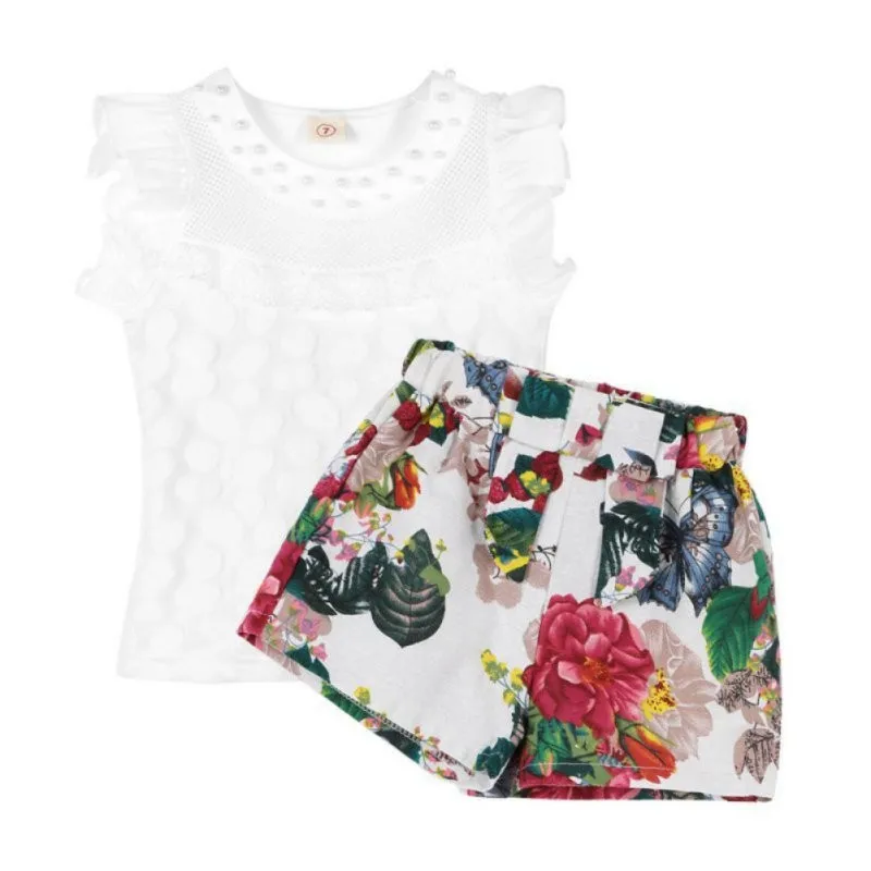 Комплект одежды для маленьких девочек, детская футболка с короткими рукавами+ шорты с принтом, летние комплекты одежды для девочек