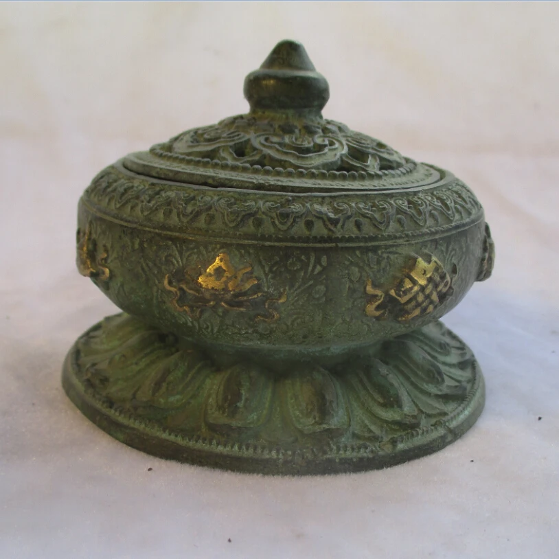 

Chinese Old Bronze Gold gilt Carved Incense Burner/ From Tibetan Antique Censer