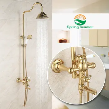 

Golden Shower Faucet Dual Handle Shower Faucet Set Wall Mounted Rainfall Shower System Bathroom Bath Shower Mixer Sliding Bar