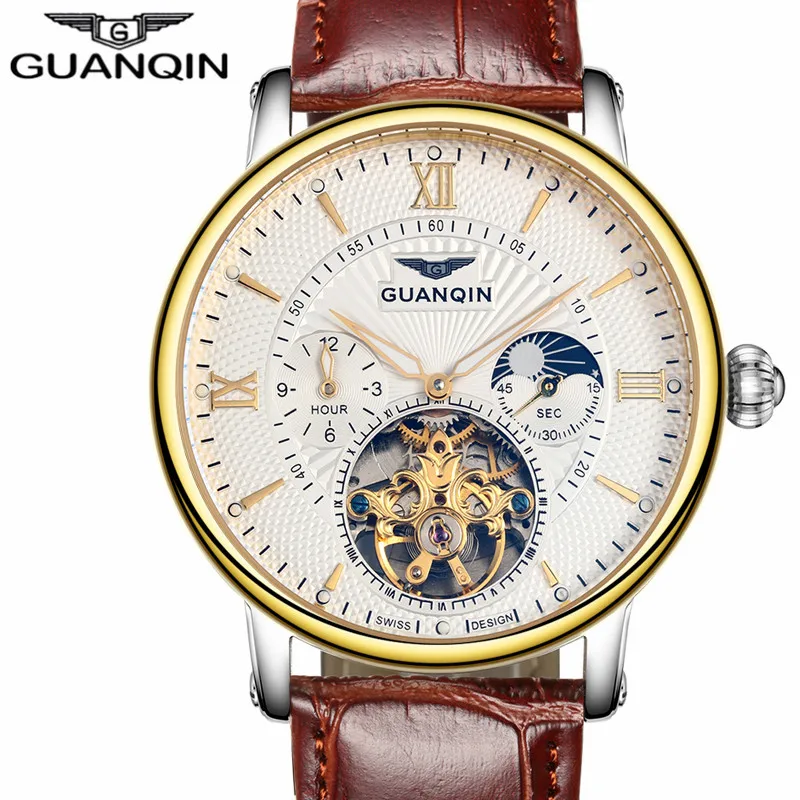 Мужские часы лучший бренд класса люкс GUANQIN мужчин Watch Sport Tourbillon Автоматическая Механическая Кожа наручные часы Relogio Masculino