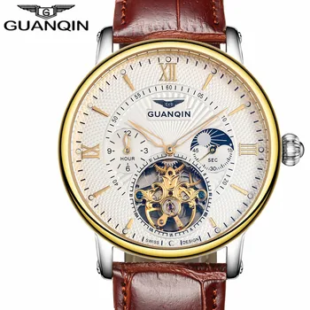 GUANQIN Mens Watches Top Brand Luxury Tourbillon Automatic Mechanical Watch Men Casual Fashion Leather Strap Skeleton Wristwatch kinyued luxury brand tourbillon automatic skeleton watch men mechanical moon phase self wind mens watches casual horloges mannen
