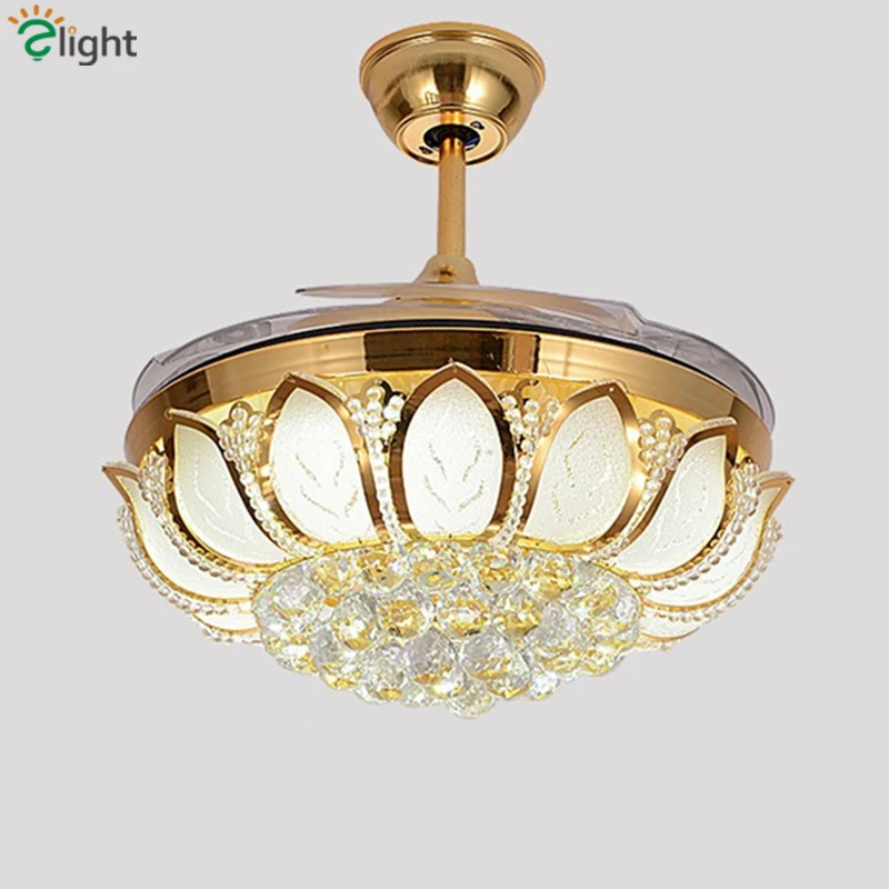 Us 321 93 30 Off Modern Folding Leaf Dimmable Led Ceiling Fans Lustre Crystal Dining Room Led Ceiling Fan Lamp Gold Metal Led Ceiling Fan Lights In