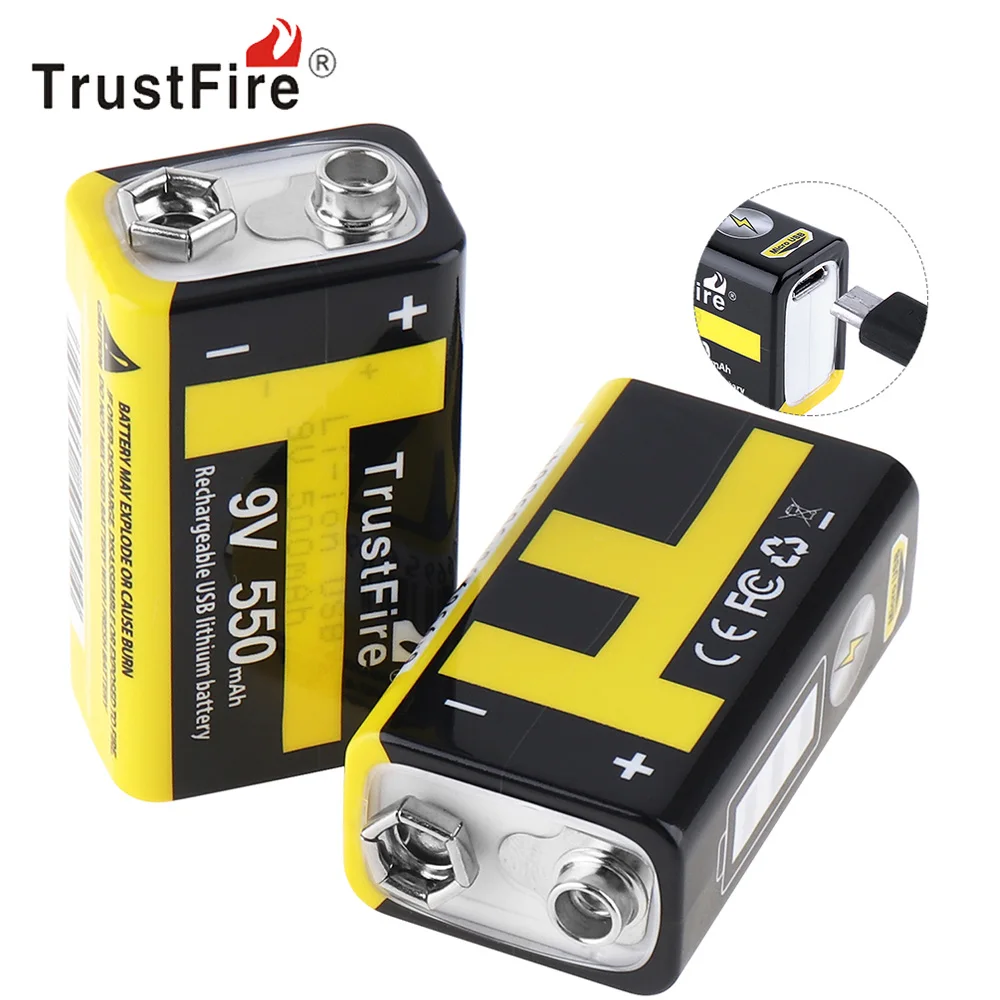 

2pcs TrustFire 550mAh USB Rechargeable 9V Lithium Battery with Safety Relief Valve and LED Indicator for Multimeter Microphone