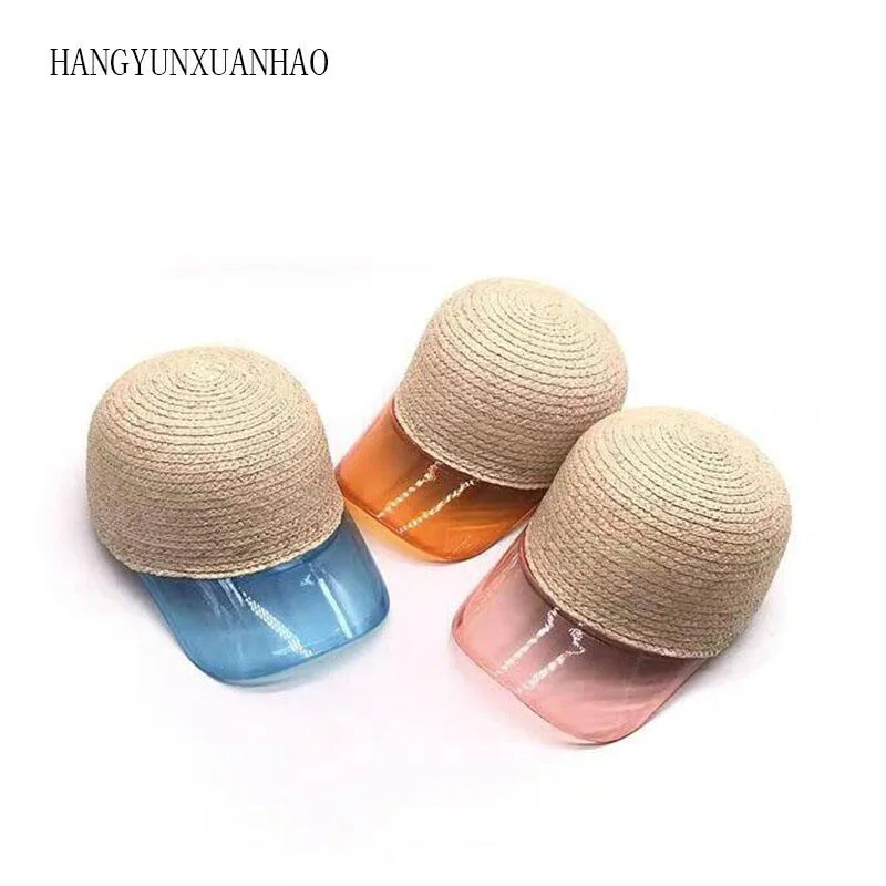 

New Men Women Summer Hat Handmade Raffia Sun Visor Hat With Transparent Plastic PVC Sunshade Visor Cap