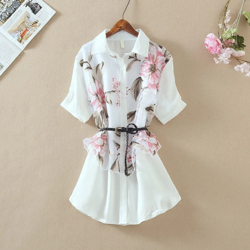 

2019 summer new short-sleeved embroidery printed floral women blouse and shirts slim A-line chiffon loose lady shirts outwear