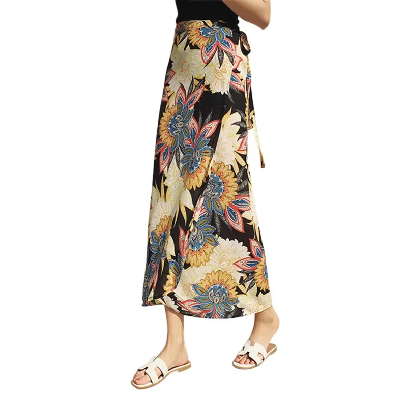 

Ladies Floral Print High Split Long Skirt One Piece Summer Maxi Skirt Female Sash Tie Up Boho Beach Wrap Skirts for Women W1