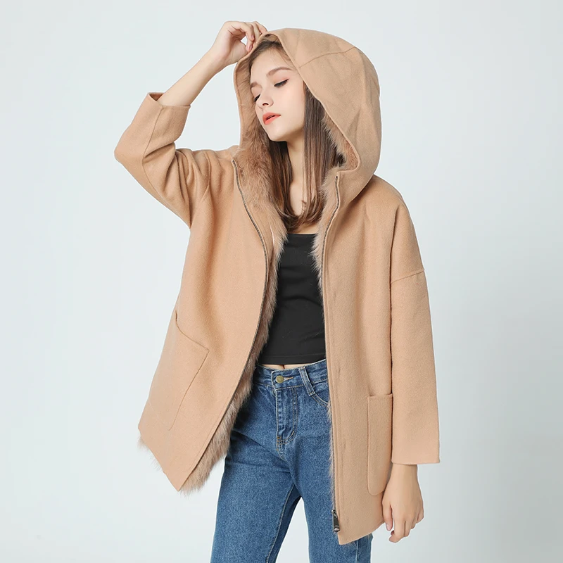 Женская куртка с капюшоном OFTBUY свободная из 100% натурального меха лисы 2019|wool blend
